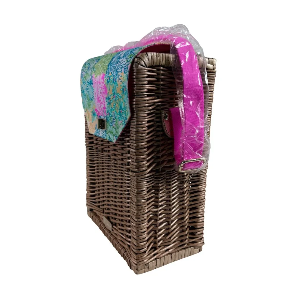 Lilly Pulitzer Wicker Wine Picnic Basket Shoulder‎ Bag Pink Floral Straps NWOT